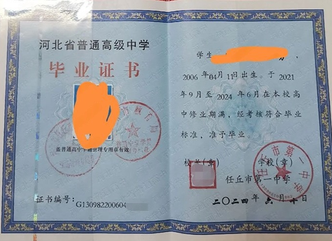 平定任丘市第一中学高中毕业证样本图片